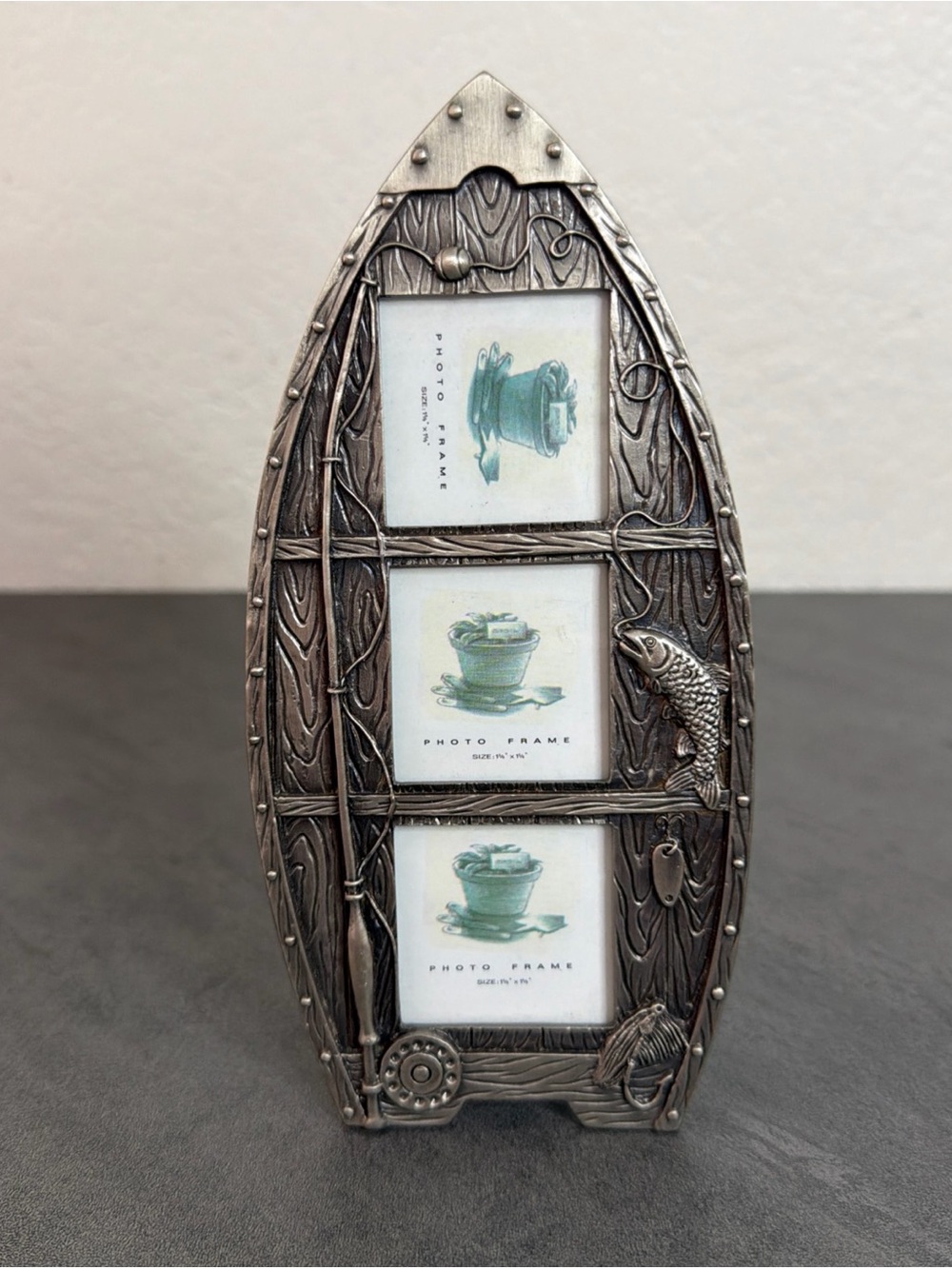 Canoe Fishing Boat Pewter Picture Frame Three Mini Square Photos 1 5/8 x 1 5/8